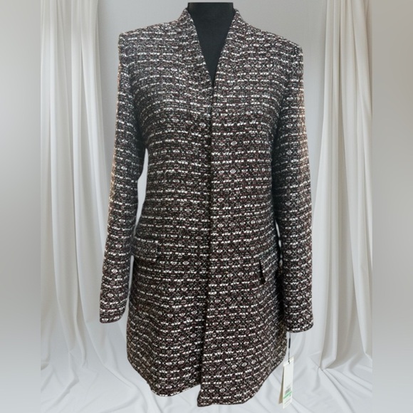 Calvin Klein Black and White Tweed Metallic Sequins Long Blazer Coat Sz 8 NWT - Picture 1 of 10
